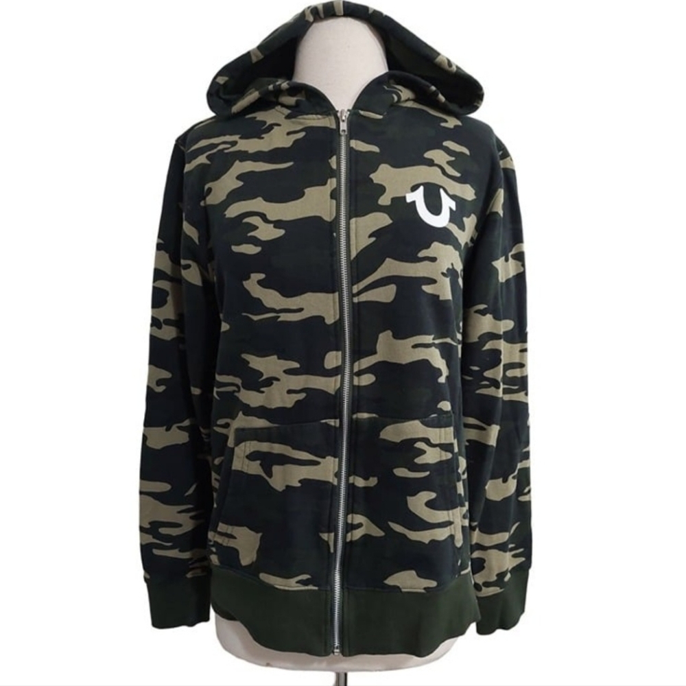 True Religion Womens Zip-up Camoflage Hooded Sweater Size Large
